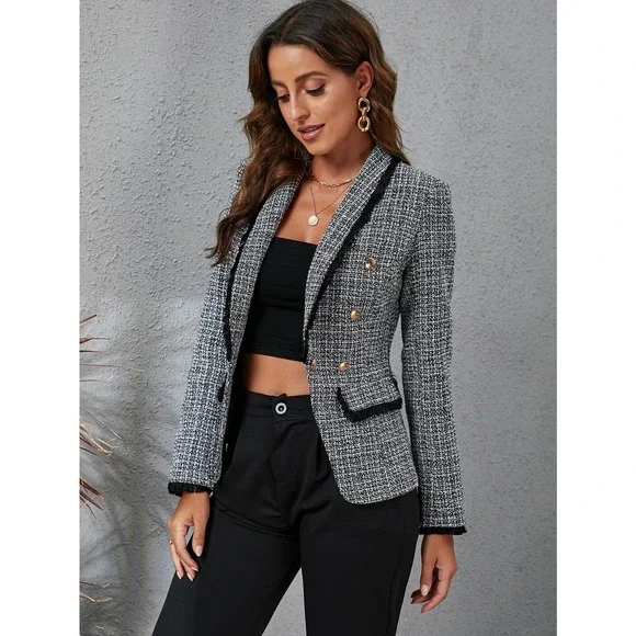 Raw Trim Double Breasted Blazer plaid tweed gray black - Picture 4 of 6